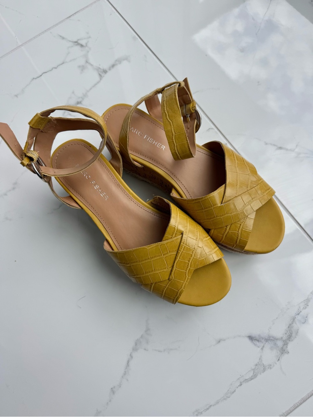 Marc Fisher Croc-Embossed Mustard Ankle-Strap Sandals
